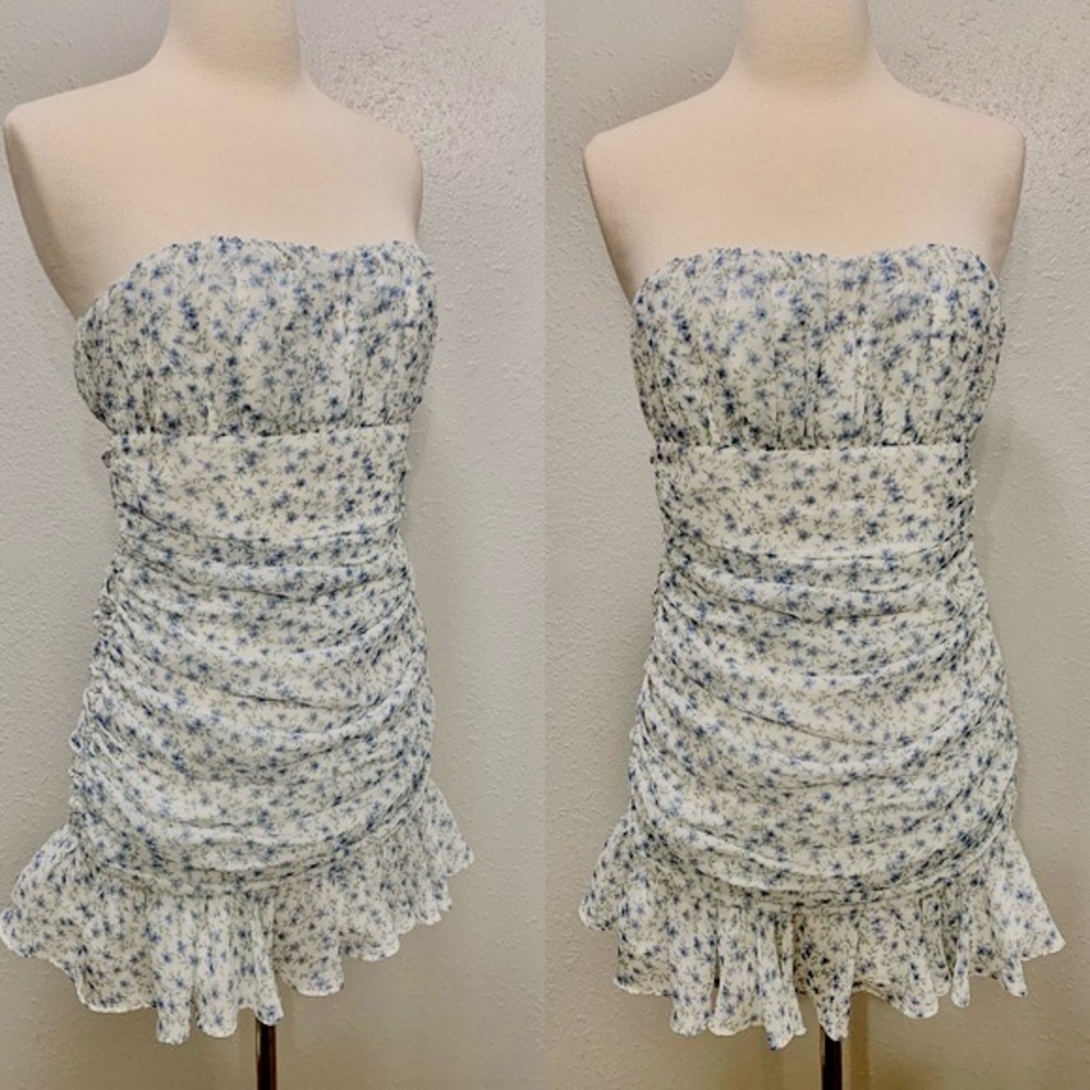 Adeirlina Blue Floral Mini Dress - Ruched Strapless Ruffle Hem Medium Boho